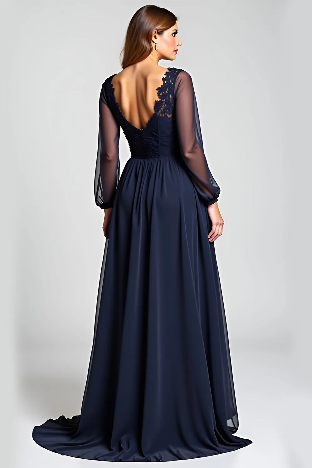 Navy A-Line V-Neck Long Sleeves Chiffon Mother of the Bride Dress with Lace sold by Zapaka product image thumbnail 2