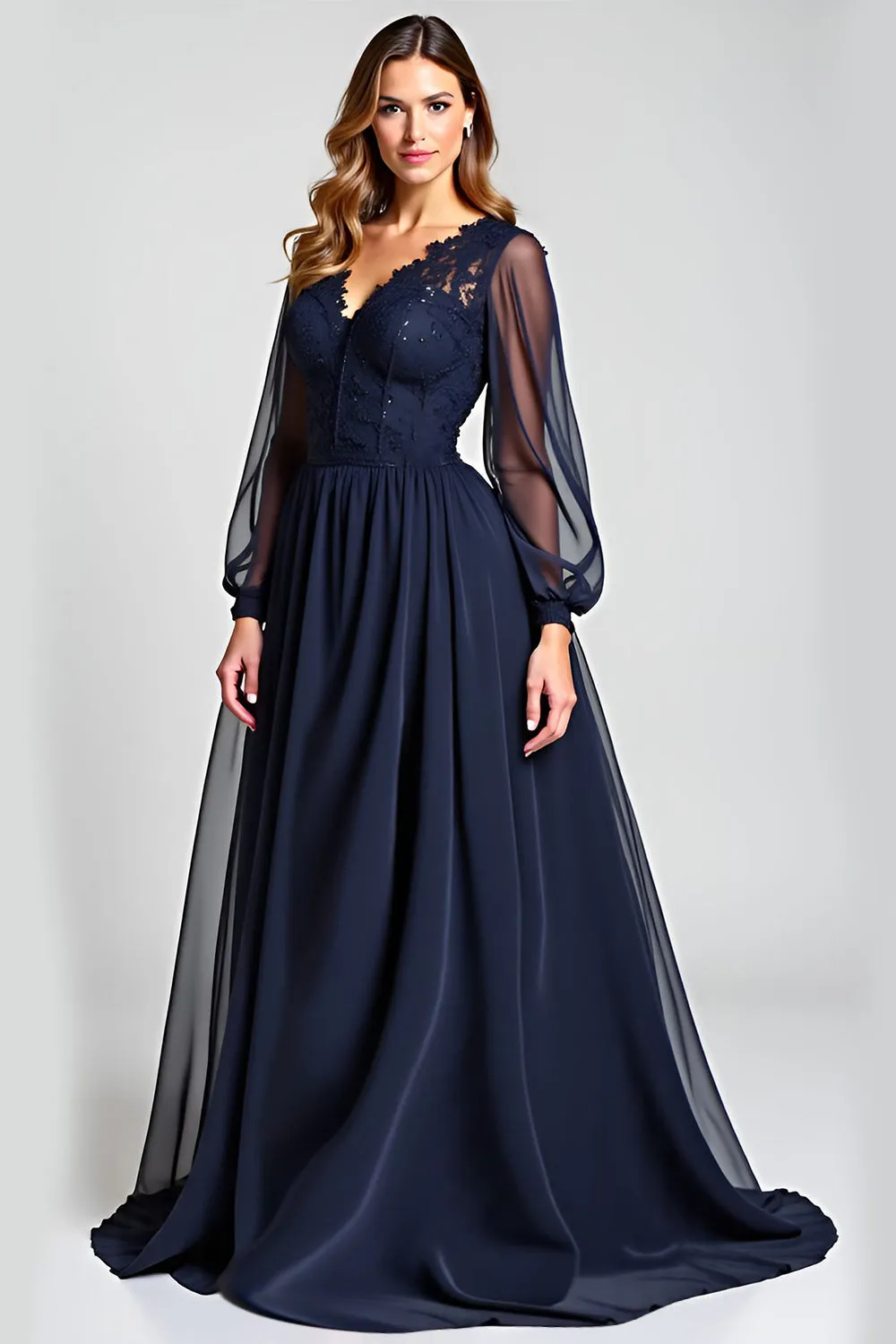 Navy A-Line V-Neck Long Sleeves Chiffon Mother of the Bride Dress with Lace sold by Zapaka product image thumbnail 3