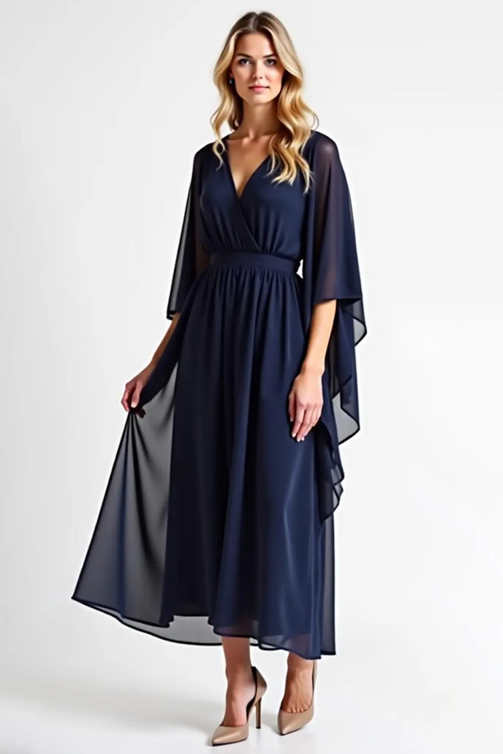 Navy A Line V-Neck Chiffon Mother of the Bride Dress sold by Zapaka