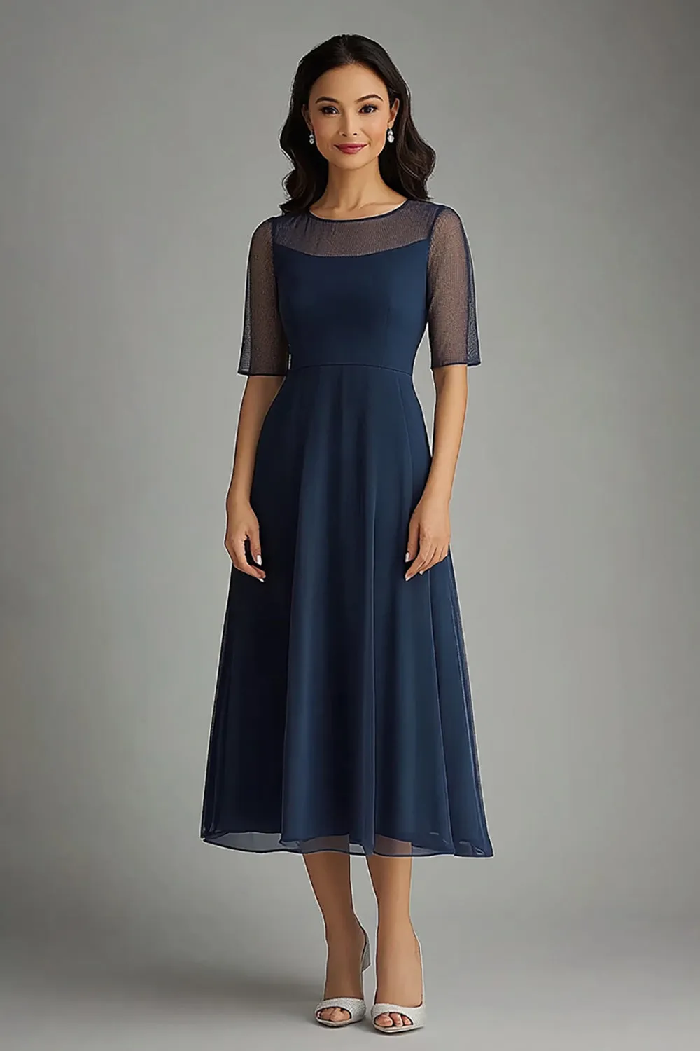 Navy A Line Chiffon Midi Mother of the Bride Dress sold by Zapaka