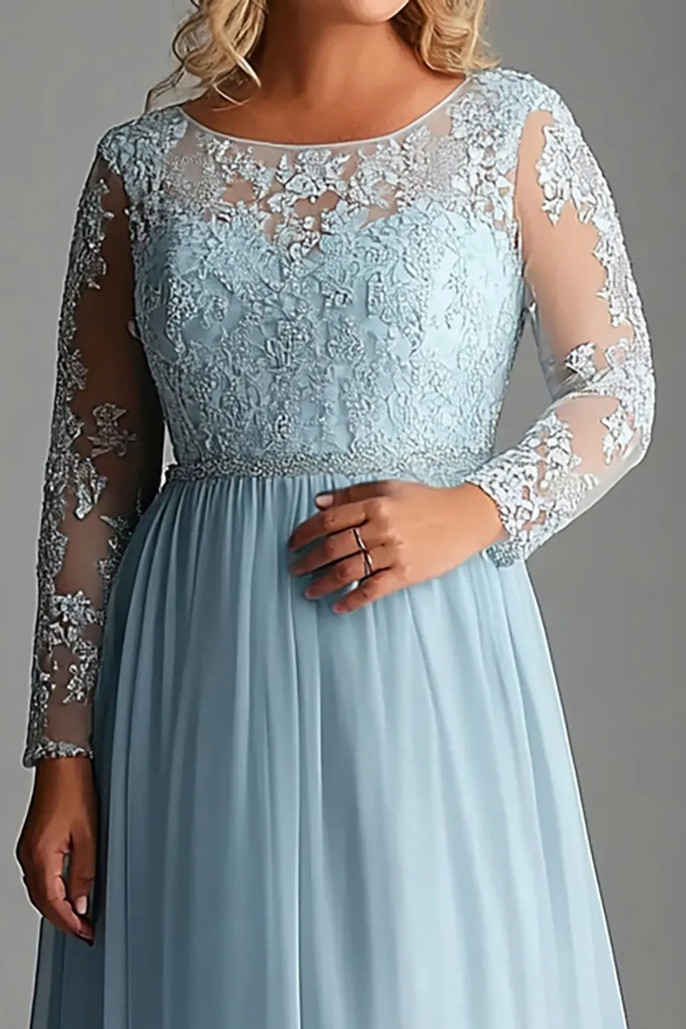 Sky Blue Lace Long Sleeve Plus Size Mother of the Bride Dress sold by Zapaka product image thumbnail 2