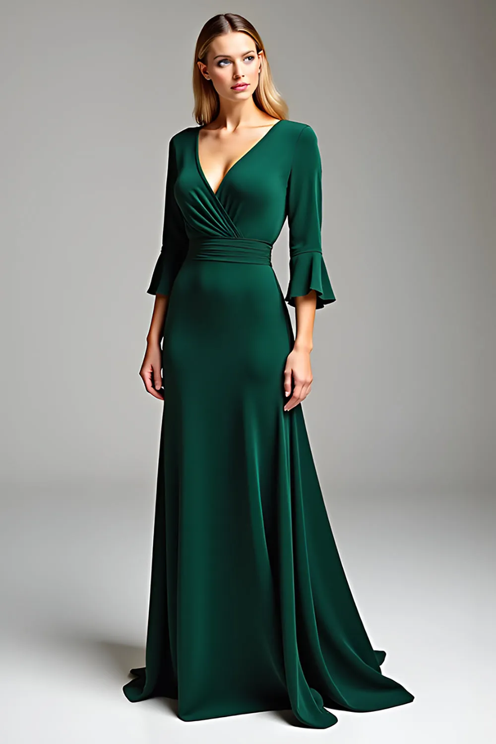Dark Green V Neck 3/4 Sleeves Sheath Chiffon Mother of the Bride Dress sold by Zapaka