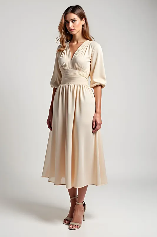 A Line Champagne Chiffon Half Sleeves V Neck Mother of the Bride Dress sold by Zapaka
