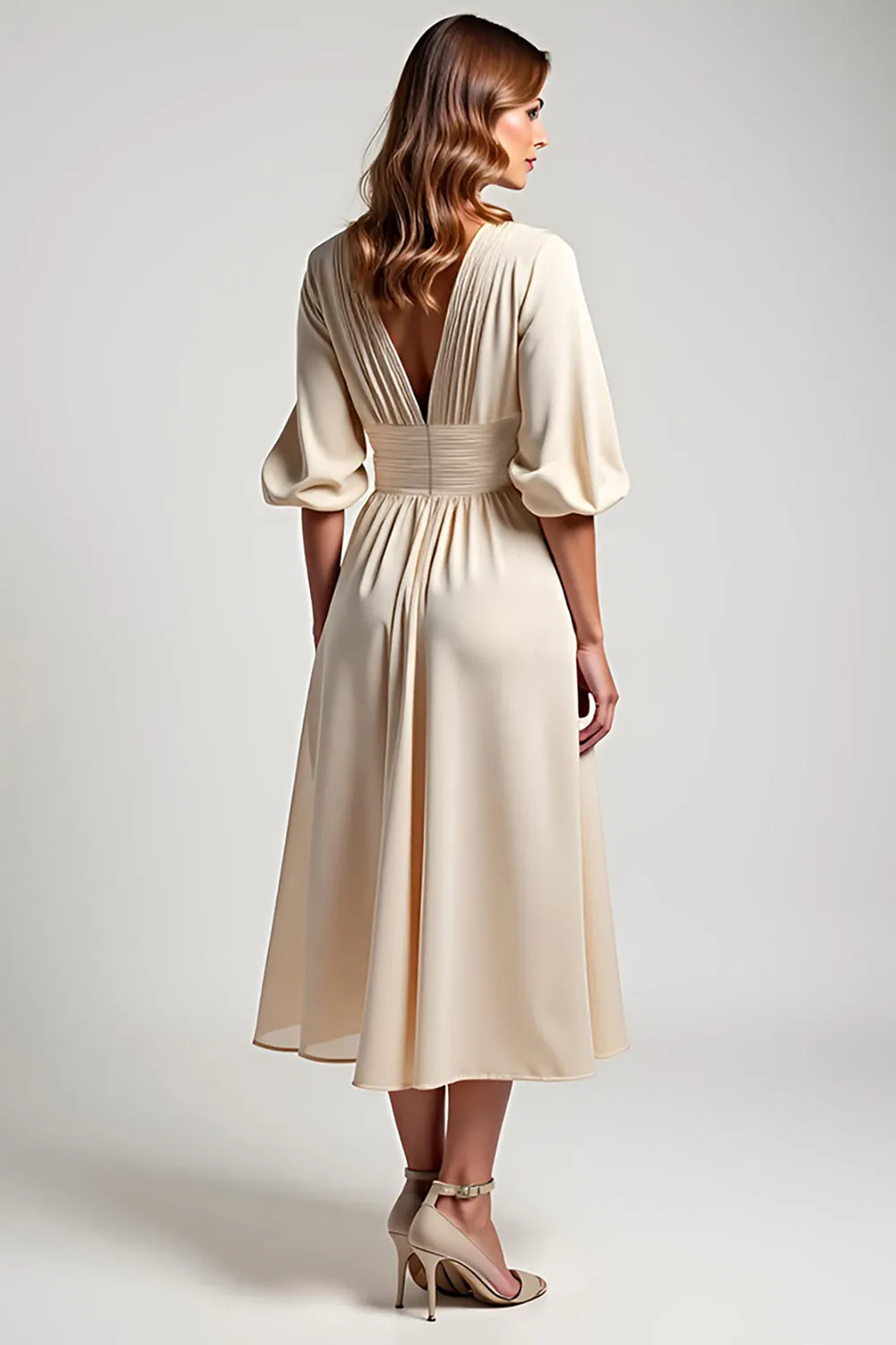 A Line Champagne Chiffon Half Sleeves V Neck Mother of the Bride Dress sold by Zapaka product image thumbnail 2
