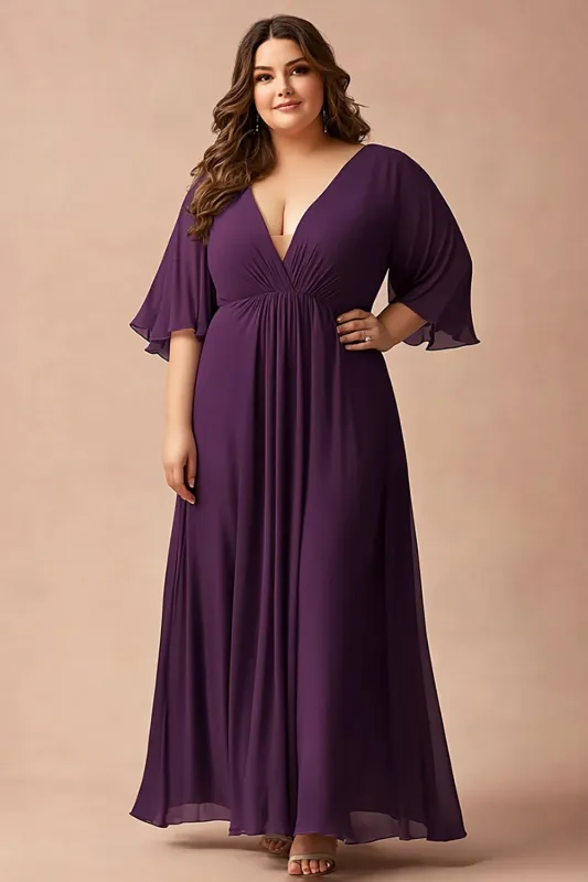 Dark Purple V Neck Plus Size Mother of the Bride Dress with Flutter Sleeves sold by Zapaka