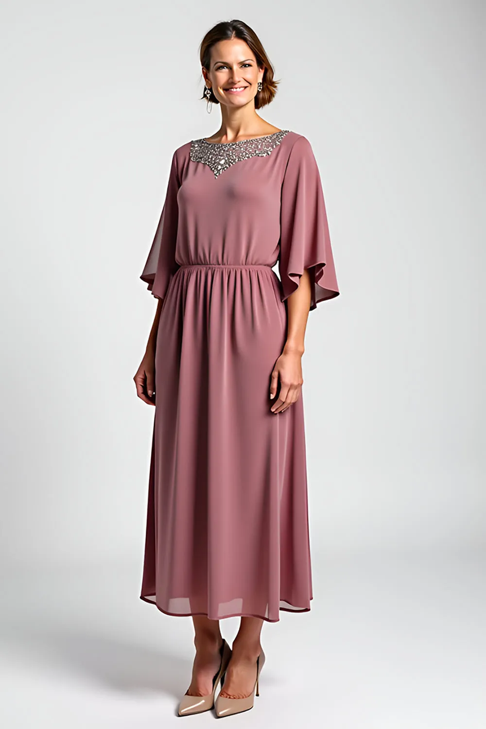 Vintage Mauve Chiffon 3/4 Sleeves Mother of the Bride Dress with Beading sold by Zapaka product image thumbnail 3