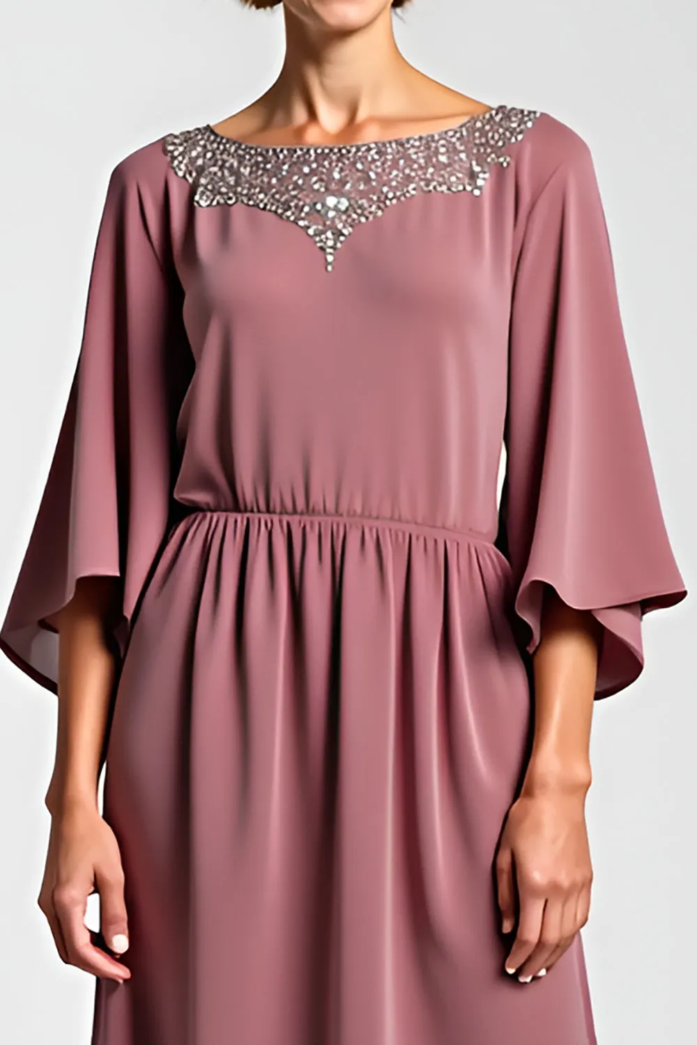 Vintage Mauve Chiffon 3/4 Sleeves Mother of the Bride Dress with Beading sold by Zapaka product image thumbnail 4
