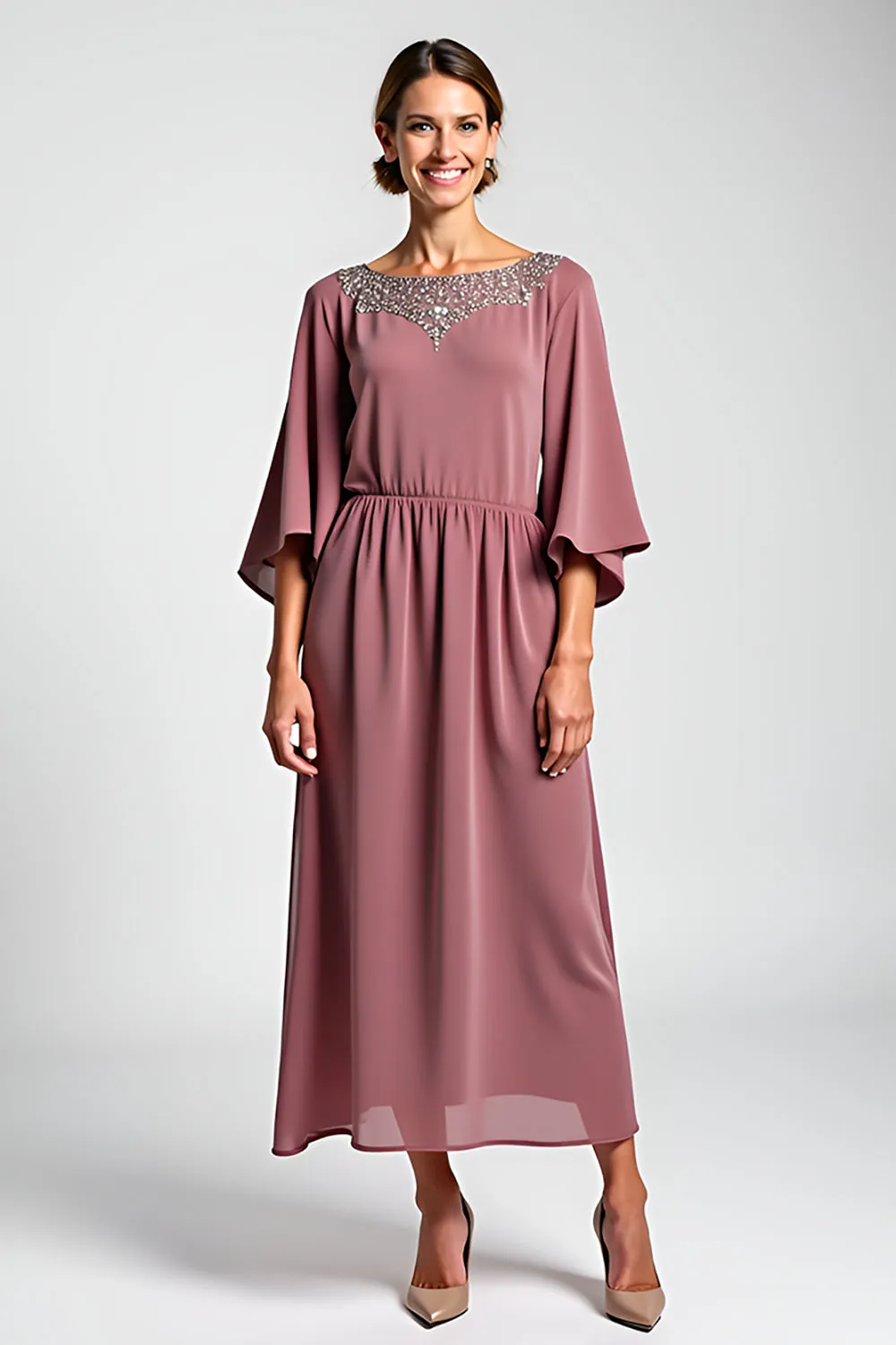 Vintage Mauve Chiffon 3/4 Sleeves Mother of the Bride Dress with Beading sold by Zapaka