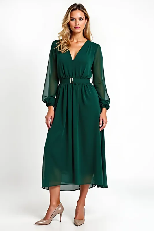 Chiffon A Line Dark Green Long Sleeves V Neck Mother of the Bride Dress sold by Zapaka