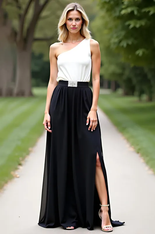 One Shoulder A Line Black White 2-Piece A Line Mother of the Bride Dress with Slit sold by Zapaka