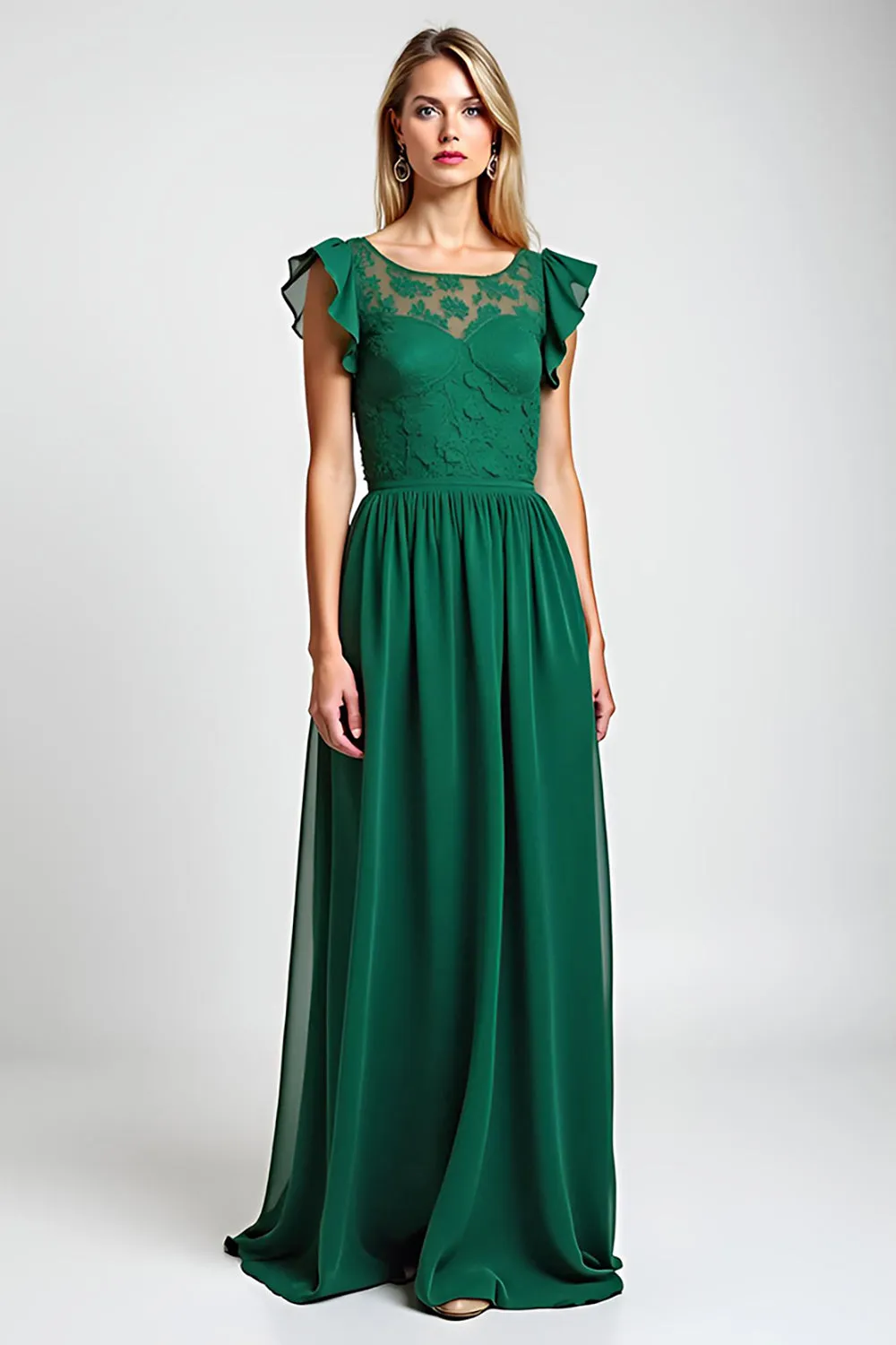 Lace Chiffon Dark Green A Line Flutter Sleeves Mother of the Bride Dress sold by Zapaka