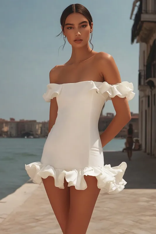 White Off The Shoulder Short Graduation Dress with Ruffles sold by Zapaka