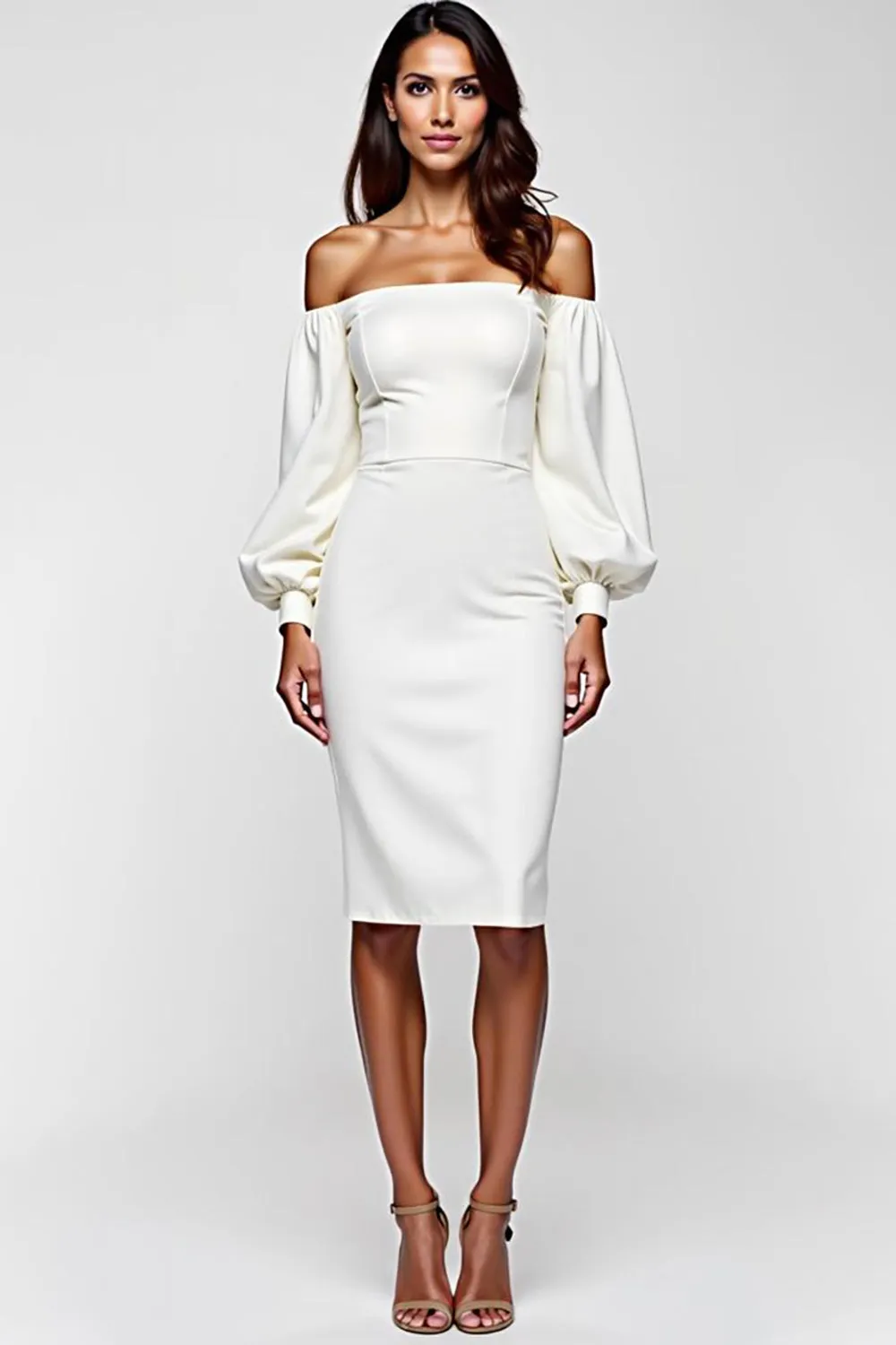White Off The Shoulder Satin Graduation Dress with Long Sleeves sold by Zapaka
