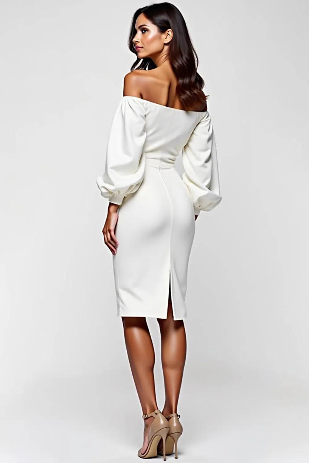 White Off The Shoulder Satin Graduation Dress with Long Sleeves sold by Zapaka product image thumbnail 2