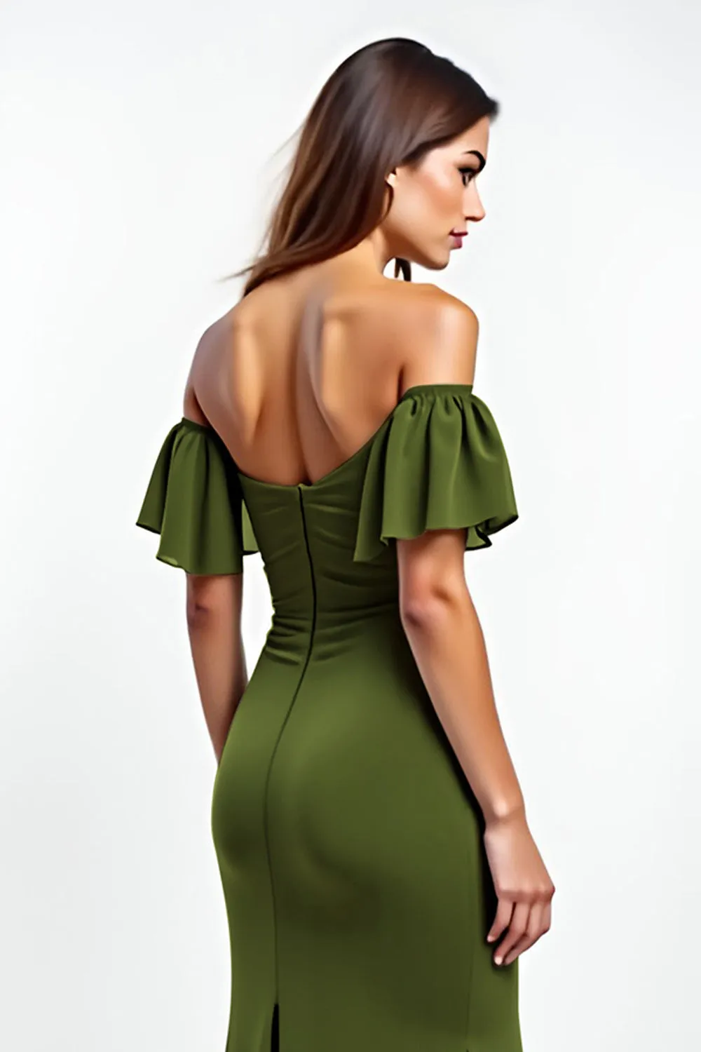 Olive Sheath Ruffled Off the Shoulder Ruched Long Wedding Guest Dress sold by Zapaka product image thumbnail 5