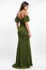 Olive Sheath Ruffled Off the Shoulder Ruched Long Wedding Guest Dress sold by Zapaka