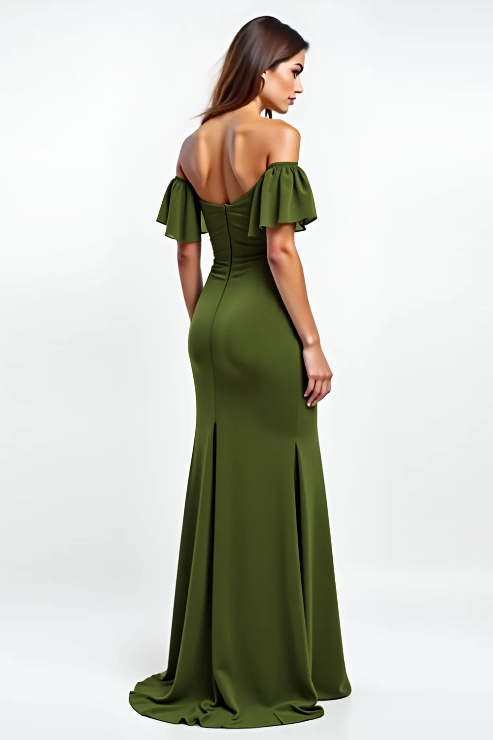 Olive Sheath Ruffled Off the Shoulder Ruched Long Wedding Guest Dress sold by Zapaka product image thumbnail 2