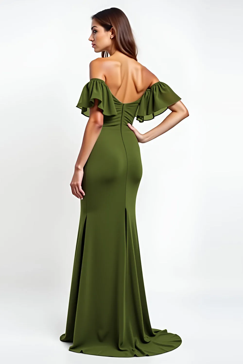 Olive Sheath Ruffled Off the Shoulder Ruched Long Wedding Guest Dress sold by Zapaka product image thumbnail 3