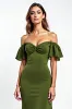 Olive Sheath Ruffled Off the Shoulder Ruched Long Wedding Guest Dress sold by Zapaka