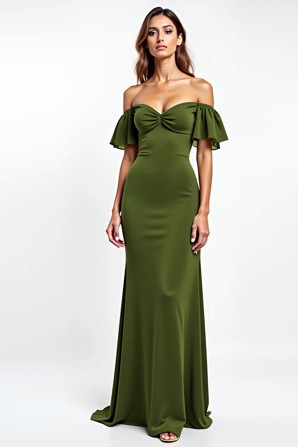 Olive Sheath Ruffled Off the Shoulder Ruched Long Wedding Guest Dress sold by Zapaka
