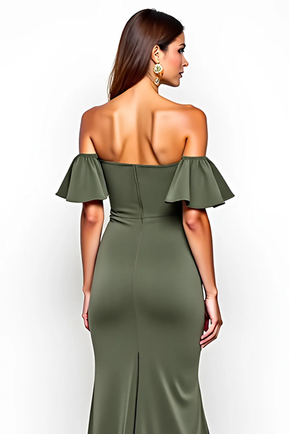 Olive Sheath Ruffled Off the Shoulder Long Wedding Guest Dress with Slit sold by Zapaka product image thumbnail 5