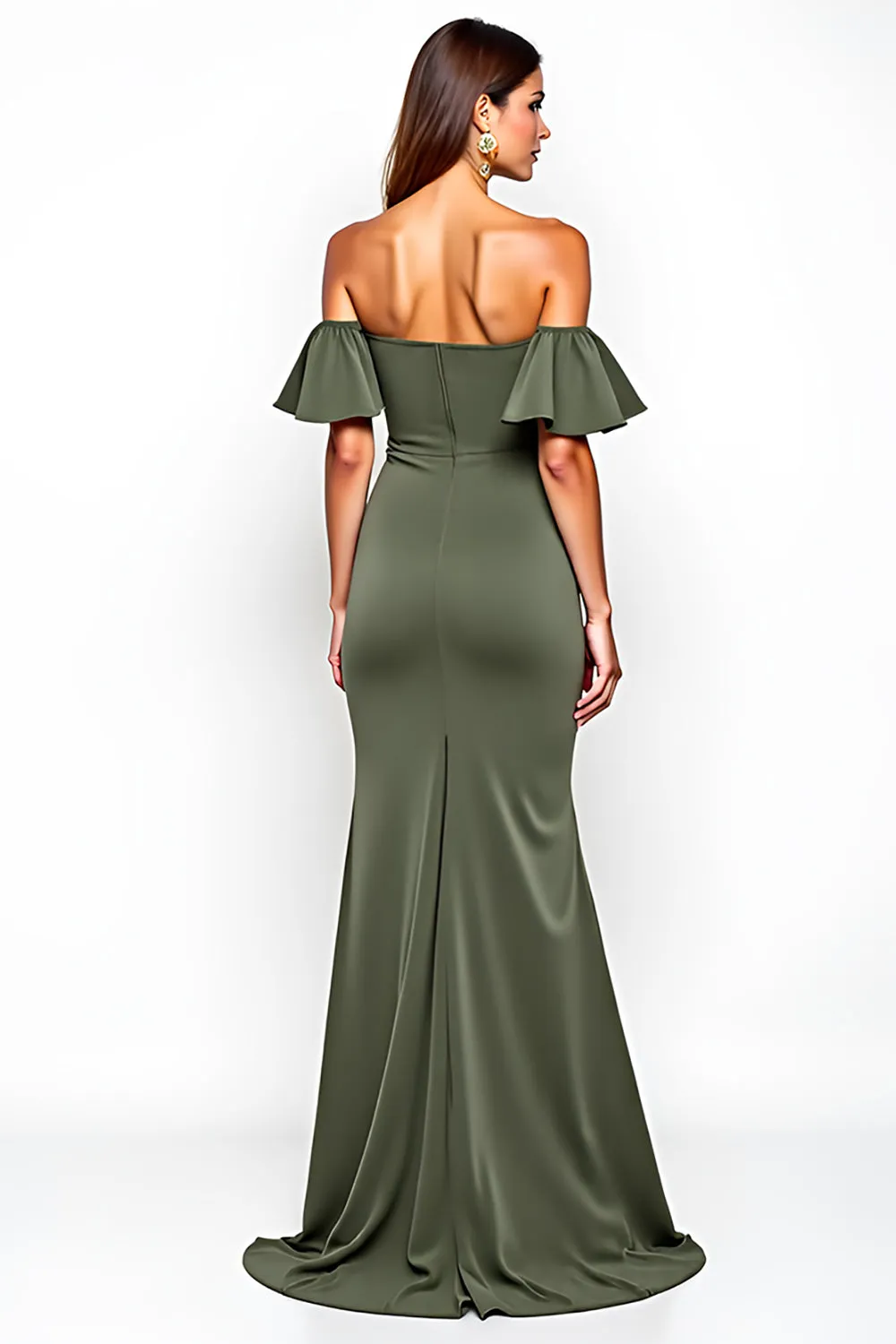 Olive Sheath Ruffled Off the Shoulder Long Wedding Guest Dress with Slit sold by Zapaka product image thumbnail 2