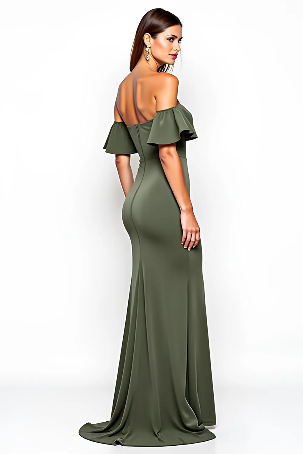 Olive Sheath Ruffled Off the Shoulder Long Wedding Guest Dress with Slit sold by Zapaka product image thumbnail 3