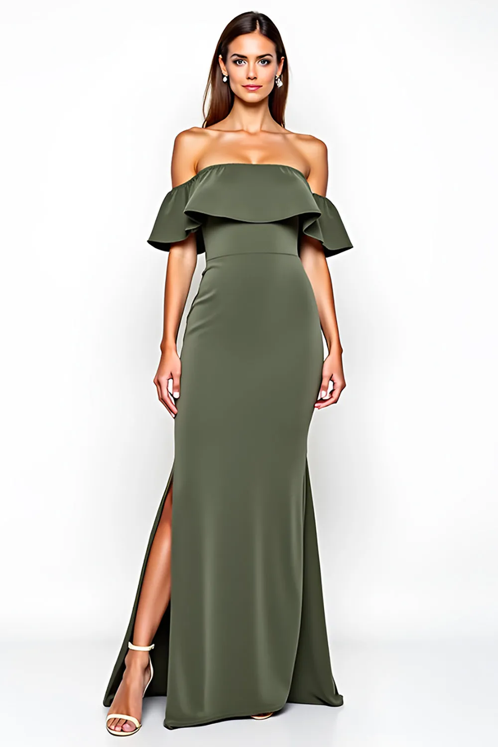 Olive Sheath Ruffled Off the Shoulder Long Wedding Guest Dress with Slit sold by Zapaka