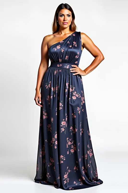 Navy Flower A-Line One Shoulder Long Wedding Guest Dress sold by Zapaka