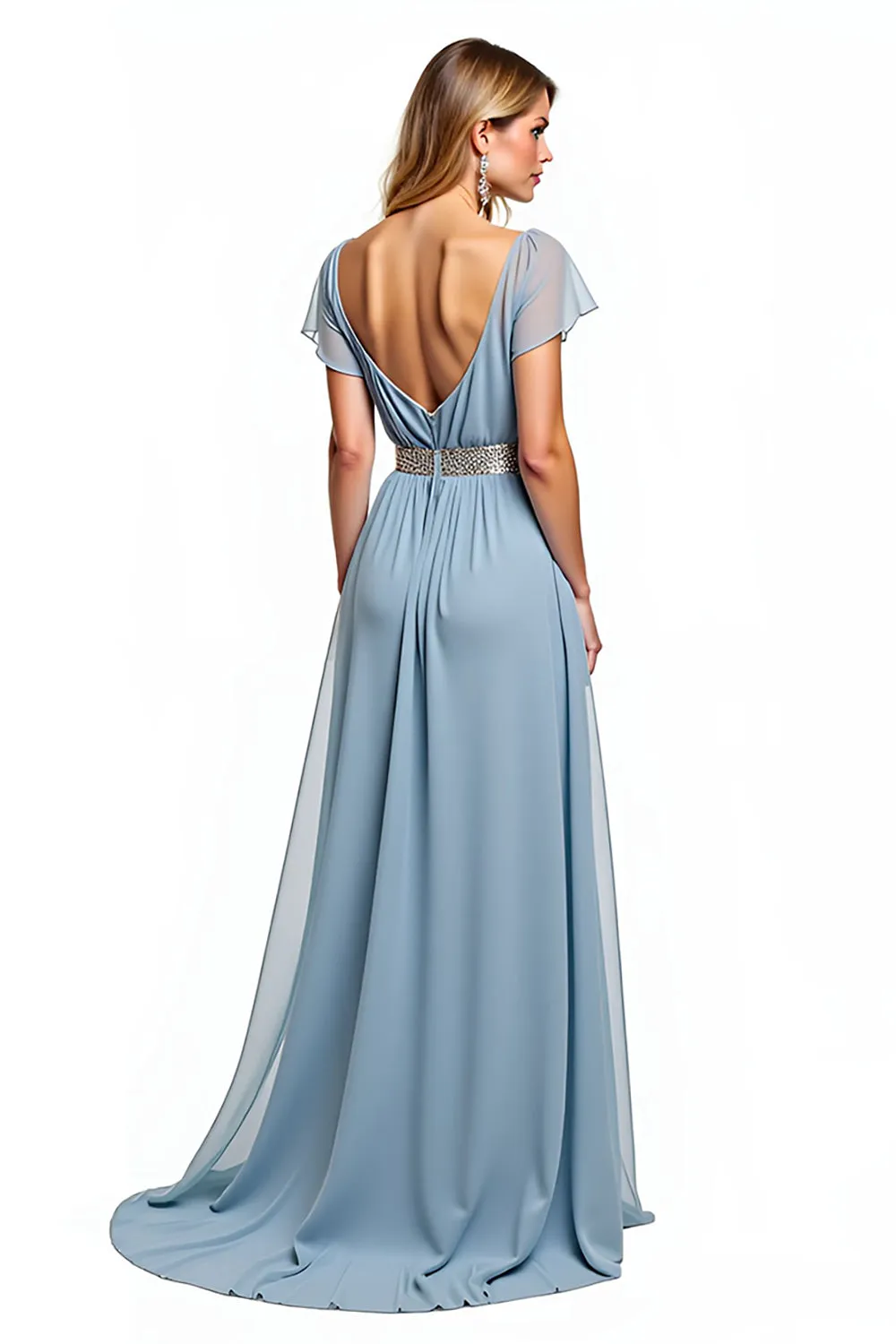 A Line Dusty Blue V-Neck Wedding Guest Dress with Short Sleeves sold by Zapaka product image thumbnail 2