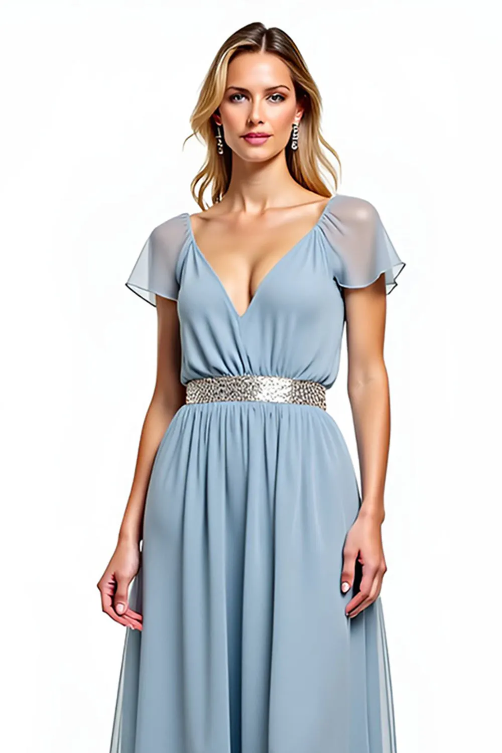 A Line Dusty Blue V-Neck Wedding Guest Dress with Short Sleeves sold by Zapaka product image thumbnail 3