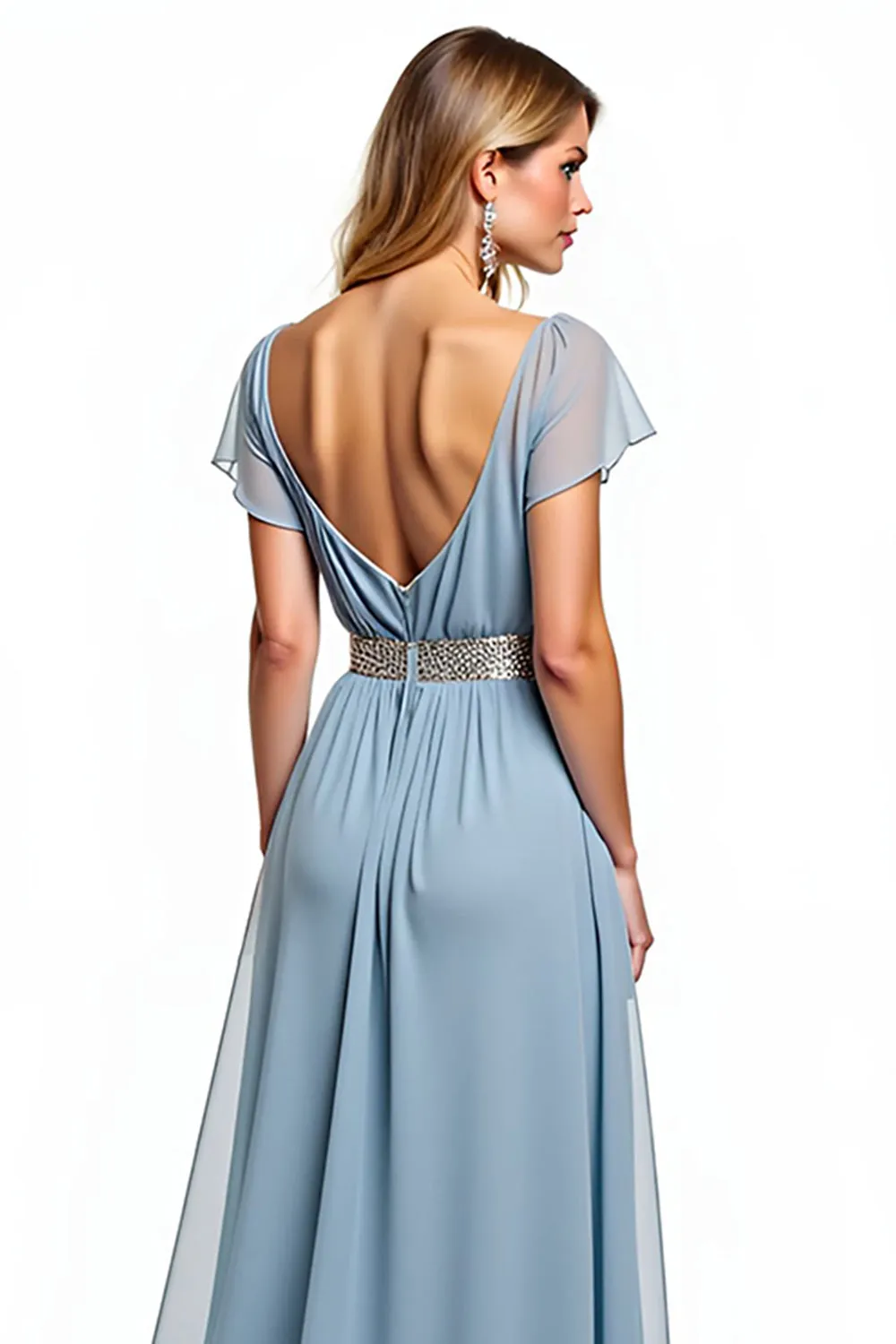 A Line Dusty Blue V-Neck Wedding Guest Dress with Short Sleeves sold by Zapaka product image thumbnail 4