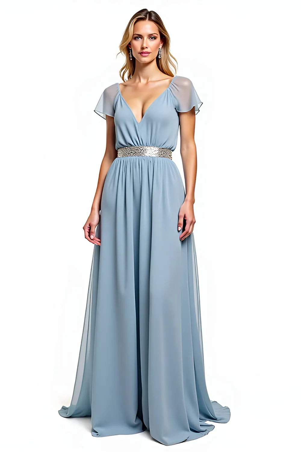 A Line Dusty Blue V-Neck Wedding Guest Dress with Short Sleeves sold by Zapaka