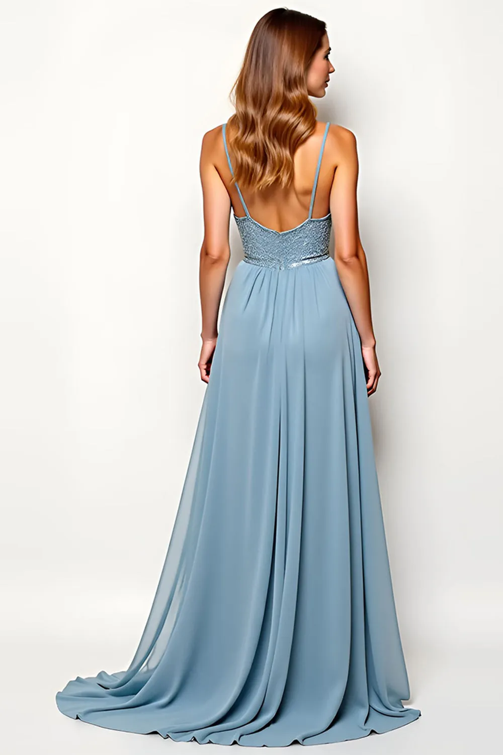 Grey Blue Chiffon A Line Long Wedding Guest Dress with Beadings sold by Zapaka product image thumbnail 2