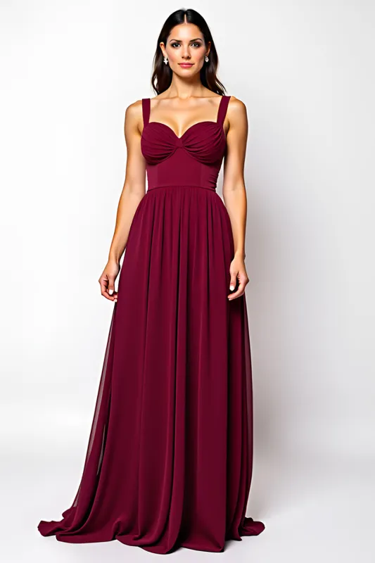 Burgundy A-Line Sweetheart Ruched Chiffon Long Wedding Guest Dress sold by Zapaka