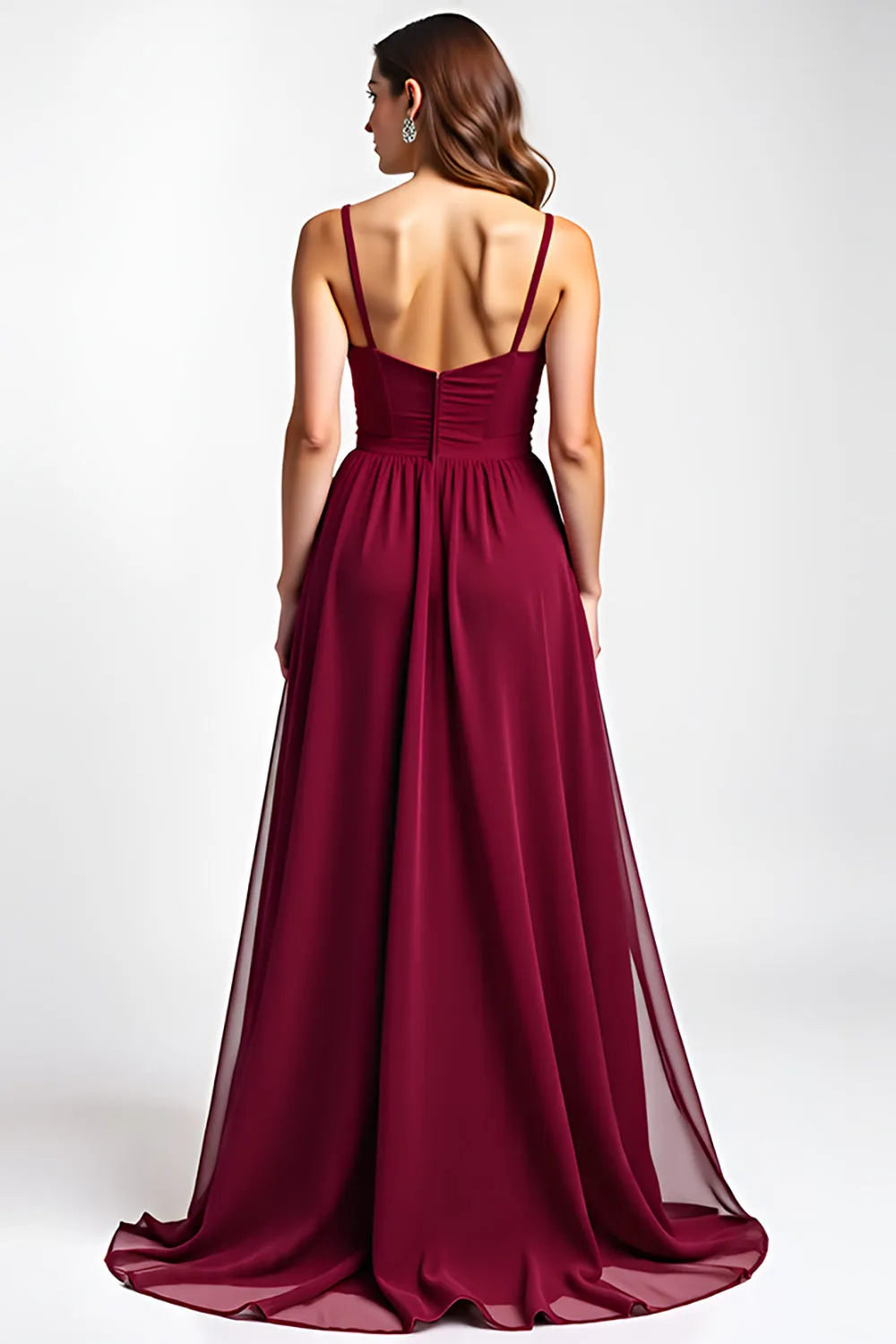 Burgundy A-Line Spaghetti Straps Ruched Chiffon Long Wedding Guest Dress sold by Zapaka product image thumbnail 2