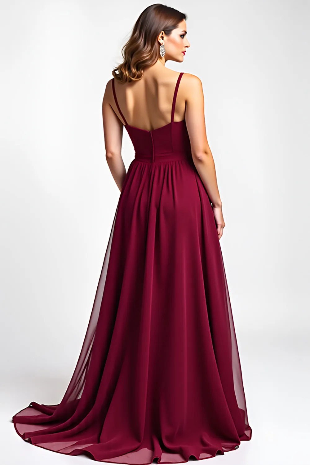 Burgundy A-Line Spaghetti Straps Ruched Chiffon Long Wedding Guest Dress sold by Zapaka product image thumbnail 3