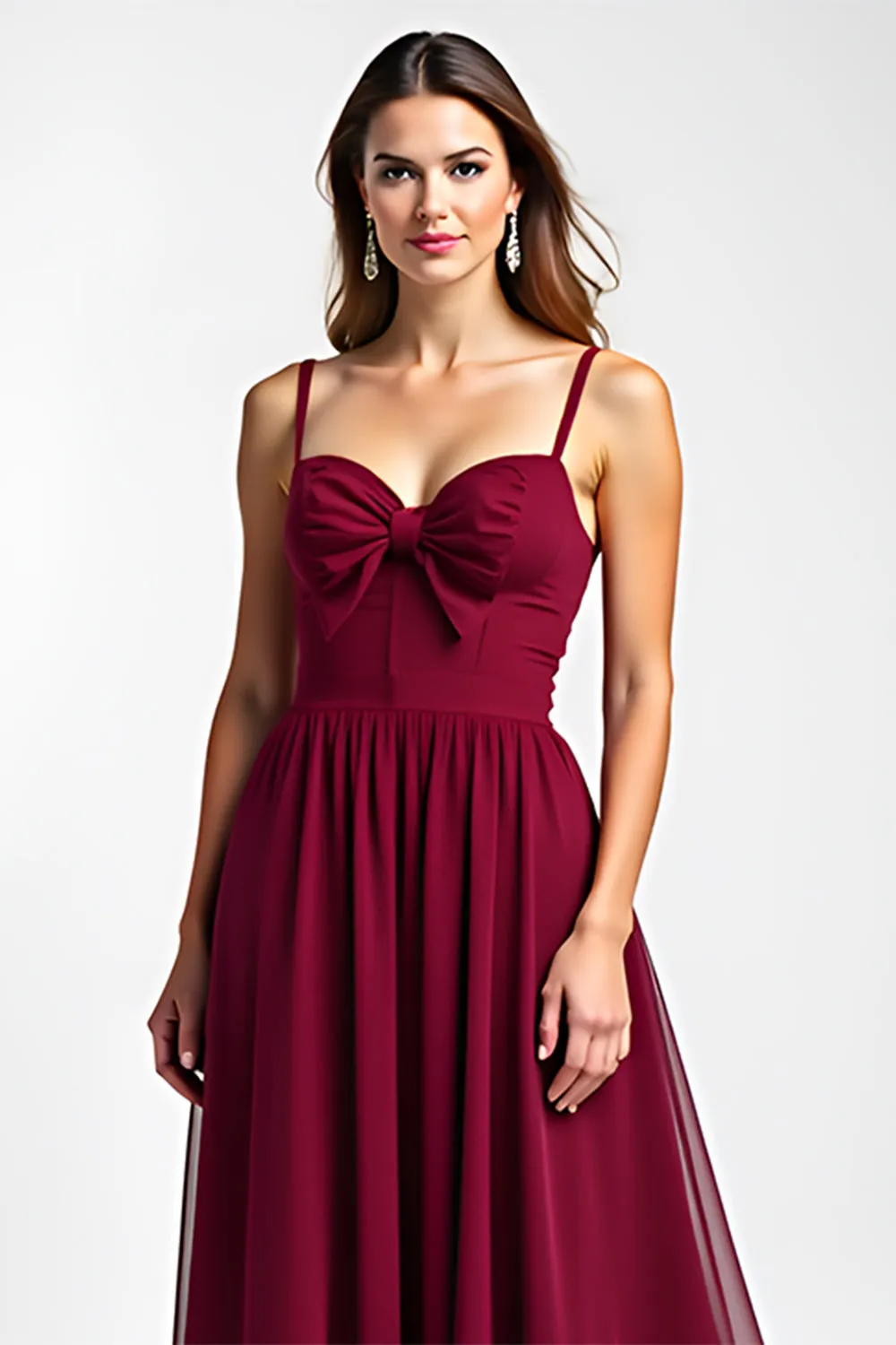 Burgundy A-Line Spaghetti Straps Ruched Chiffon Long Wedding Guest Dress sold by Zapaka product image thumbnail 4