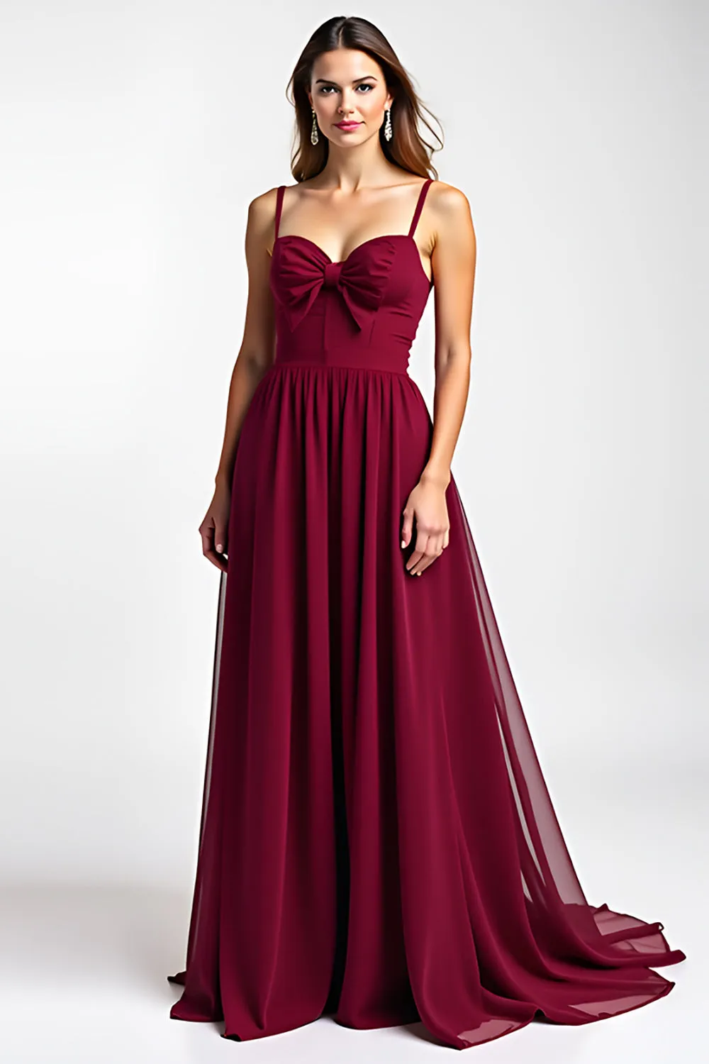 Burgundy A-Line Spaghetti Straps Ruched Chiffon Long Wedding Guest Dress sold by Zapaka