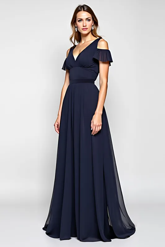 Navy A-Line Cold Shoulder Ruffled Chiffon Long Wedding Guest Dress sold by Zapaka