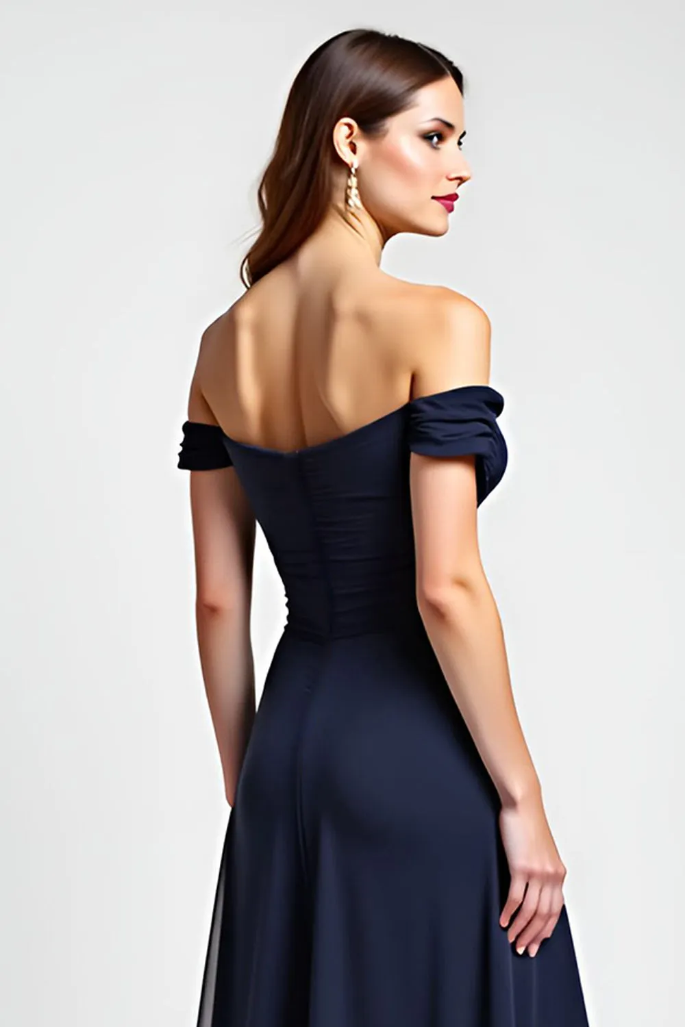 Navy Sheath Off the Shoulder Ruched Chiffon Long Wedding Guest Dress with Slit sold by Zapaka product image thumbnail 4