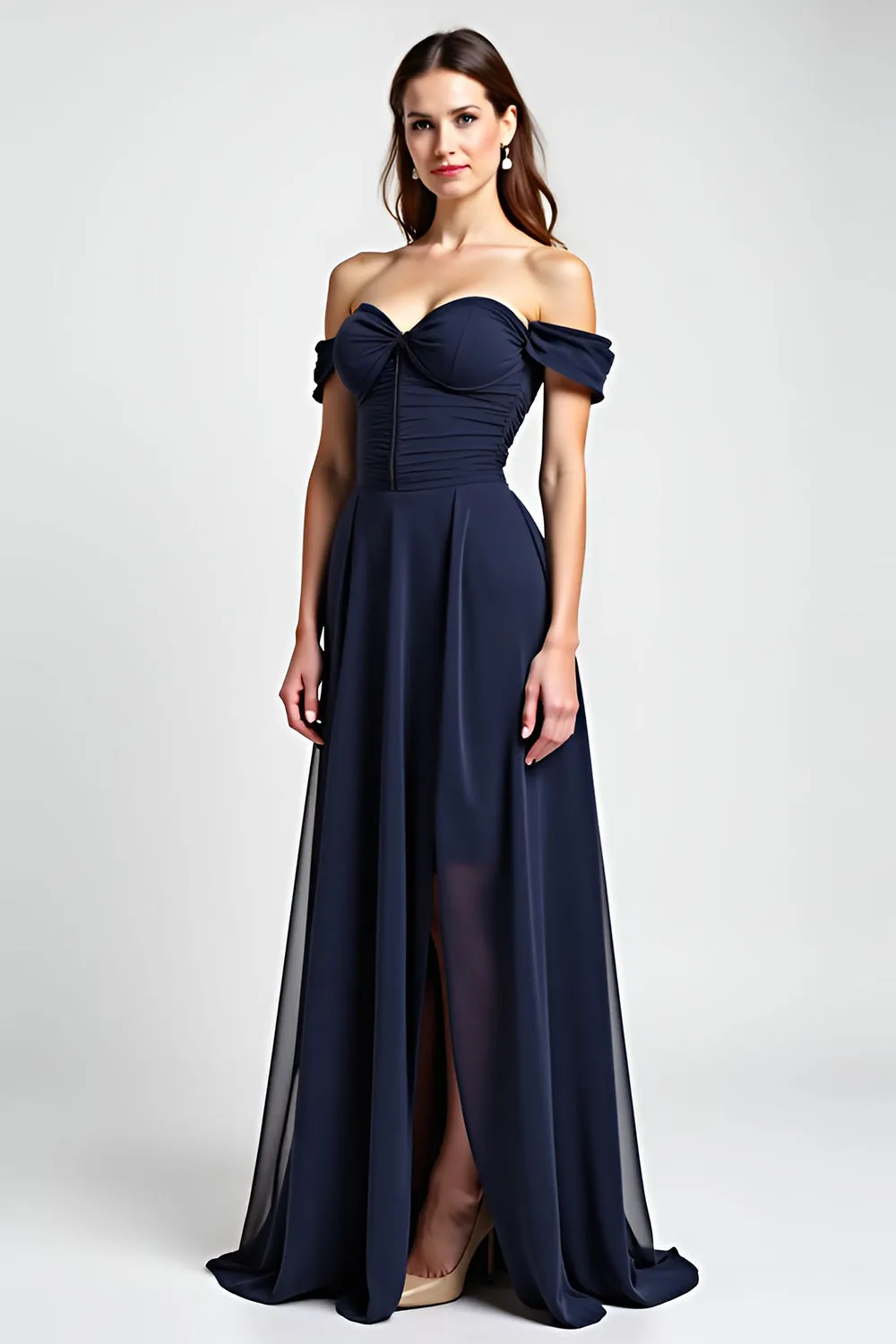 Navy Sheath Off the Shoulder Ruched Chiffon Long Wedding Guest Dress with Slit sold by Zapaka