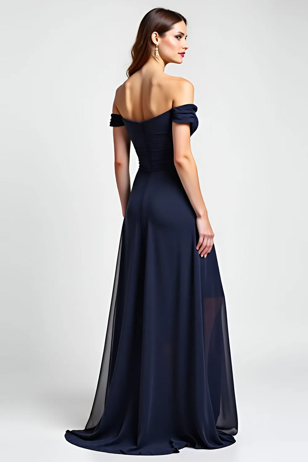 Navy Sheath Off the Shoulder Ruched Chiffon Long Wedding Guest Dress with Slit sold by Zapaka product image thumbnail 2