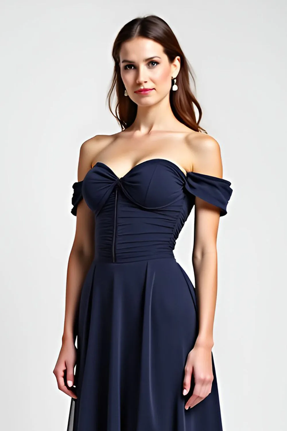 Navy Sheath Off the Shoulder Ruched Chiffon Long Wedding Guest Dress with Slit sold by Zapaka product image thumbnail 3
