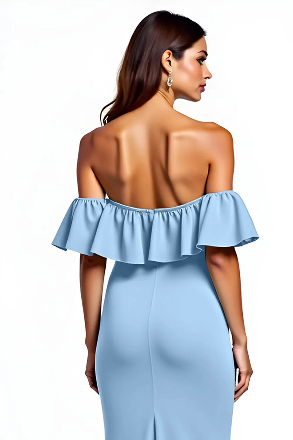 Dusty Blue Mermaid Ruffle Off the Shoulder Long Wedding Guest Dress with Slit sold by Zapaka product image thumbnail 4