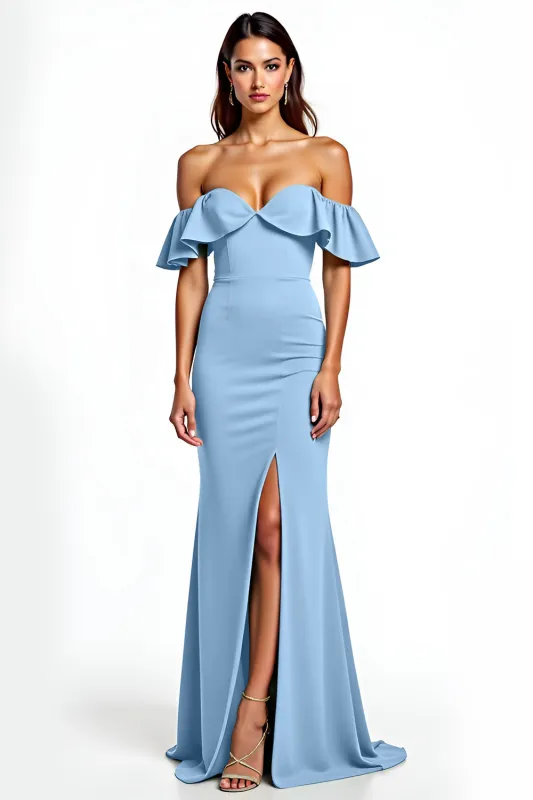 Dusty Blue Mermaid Ruffle Off the Shoulder Long Wedding Guest Dress with Slit sold by Zapaka