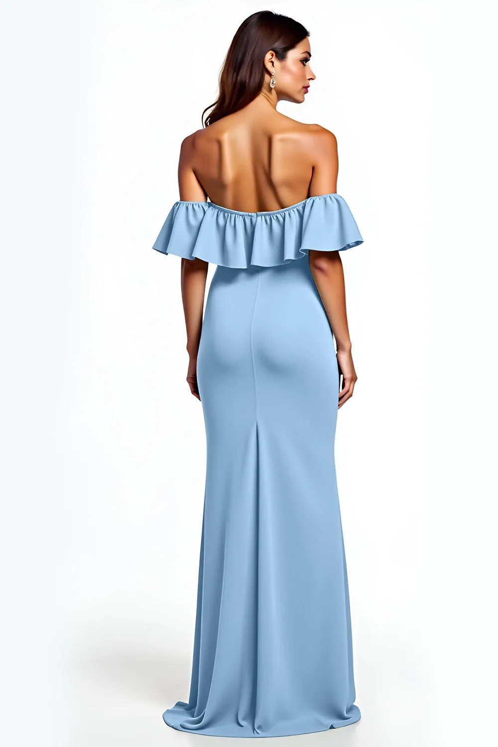 Dusty Blue Mermaid Ruffle Off the Shoulder Long Wedding Guest Dress with Slit sold by Zapaka product image thumbnail 2
