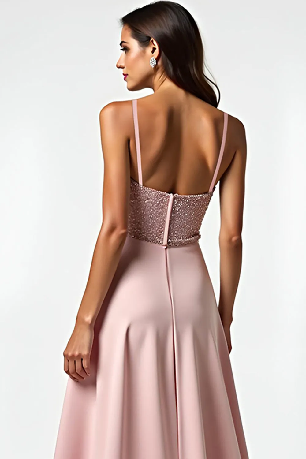 Sparkly Dusty Rose Spaghetti Straps Beaded Long Wedding Guest Dress sold by Zapaka product image thumbnail 5
