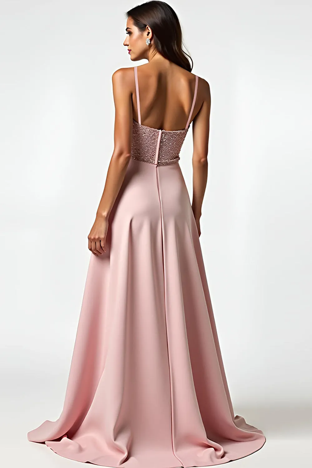Sparkly Dusty Rose Spaghetti Straps Beaded Long Wedding Guest Dress sold by Zapaka product image thumbnail 2
