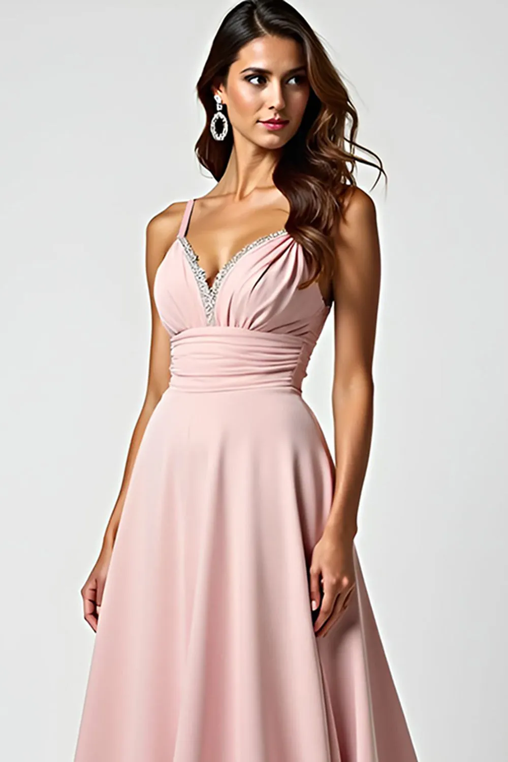 Sparkly Dusty Rose Spaghetti Straps Beaded Long Wedding Guest Dress sold by Zapaka product image thumbnail 3